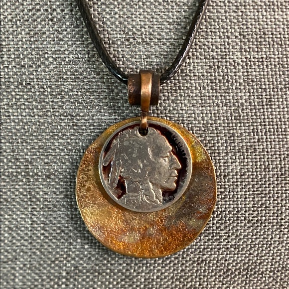 Estate Jewelry - 1935 Buffalo Nickel Necklace | Vintage Coin Jewelry | Patinated Copper Pendant